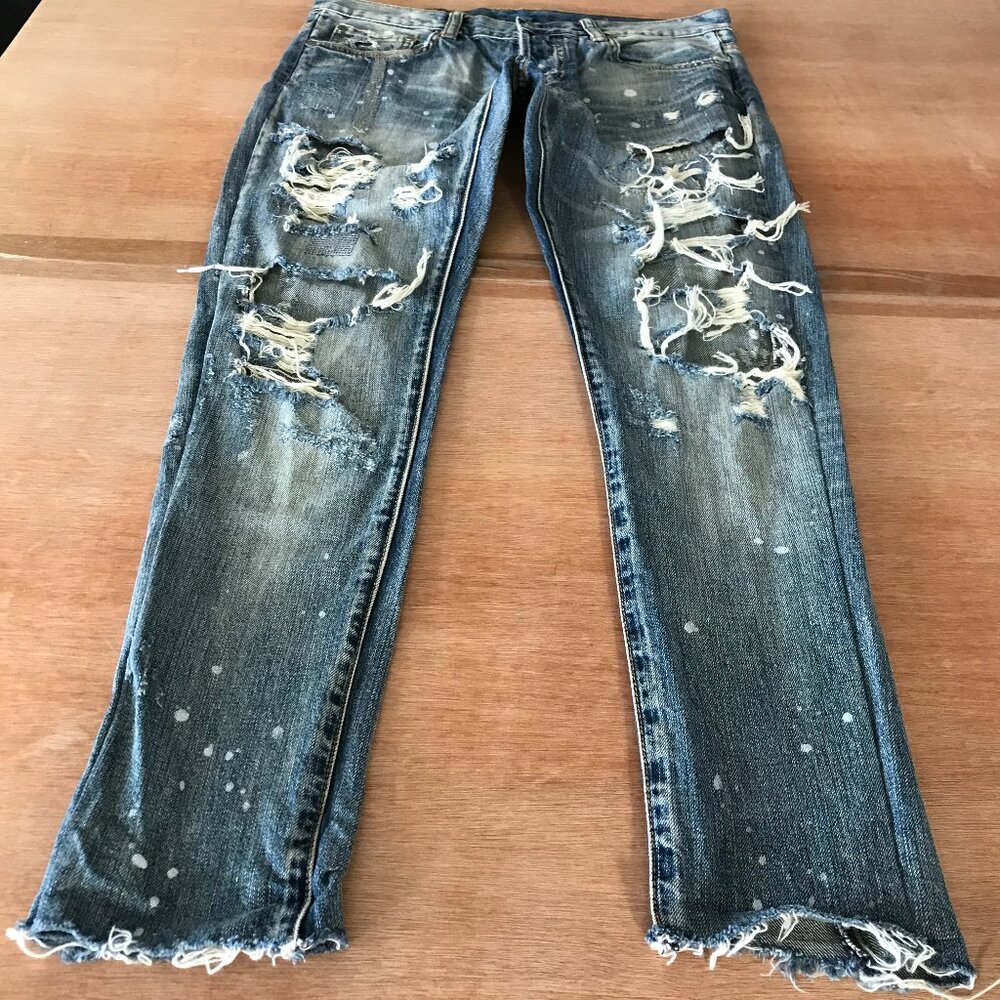Dope Jeans Men 30x28 Blue Paintsplatter Low Rise Distressed Raw Hem Grunge